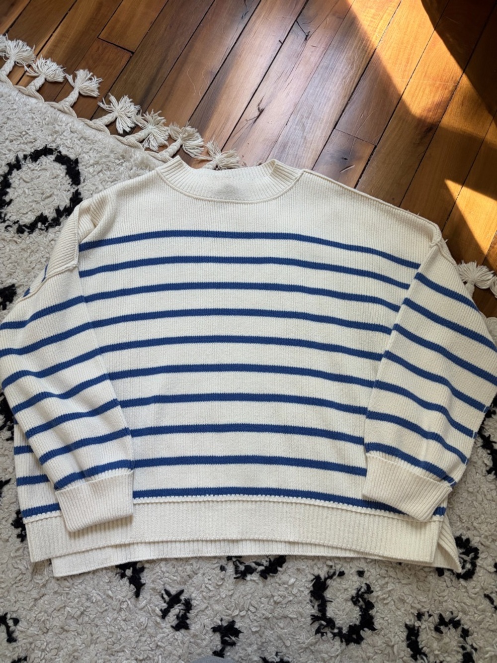 She + Sky Cream and Blue Striped Crewneck Sweater